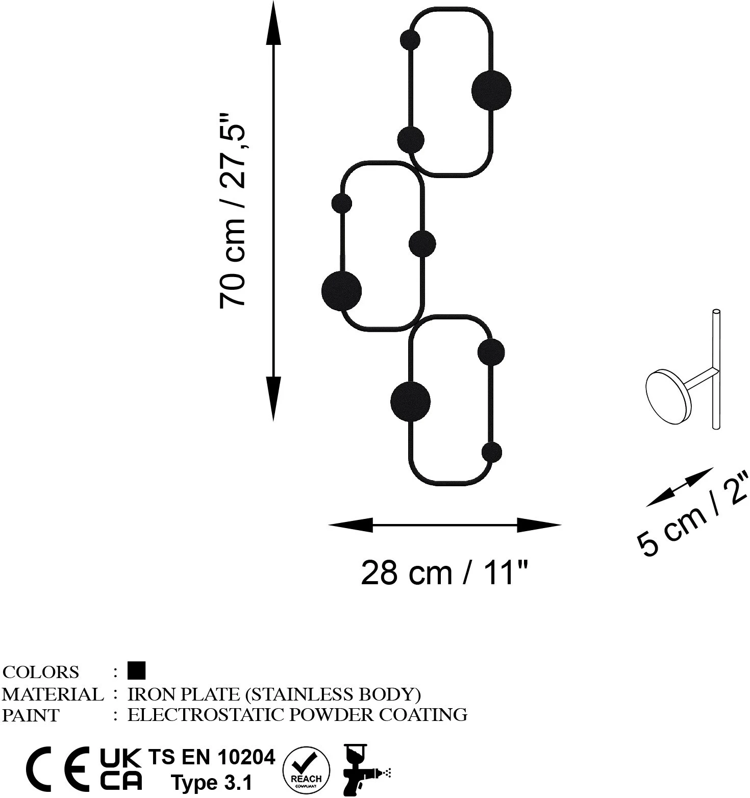 Varëse muri metalike Wallity, model hardhucë, ngjyrë e zezë, 28x5x70cm