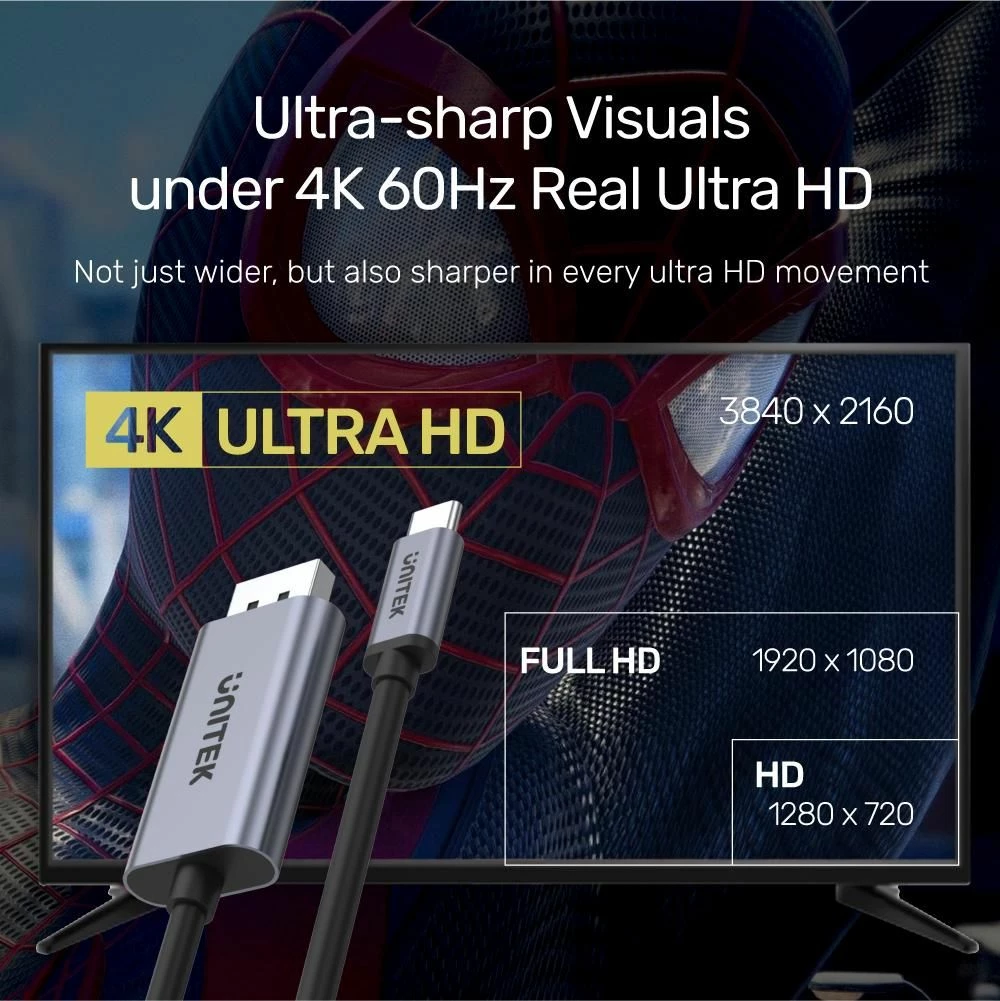 Adapter Unitek V1409A USB-C në DisplayPort 4K 60Hz, 2m, i zi