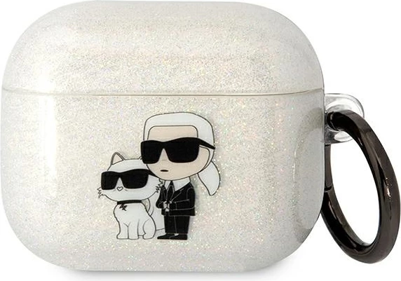 Mbështjellës Karl Lagerfeld KLA3HNKCTGT për AirPods 3, Glitter Karl&Choupette, Transparent me unazë