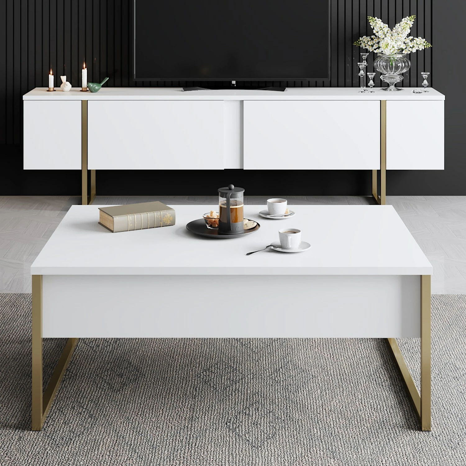 Komodë TV Hanah Home, Luxe, e bardhë, këmbë ari