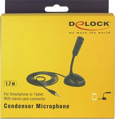 Mikrofon DeLOCK 65872 për celular/tablet, 3.5 mm, me kabllo 1.7 m, omnidireksional, i zi