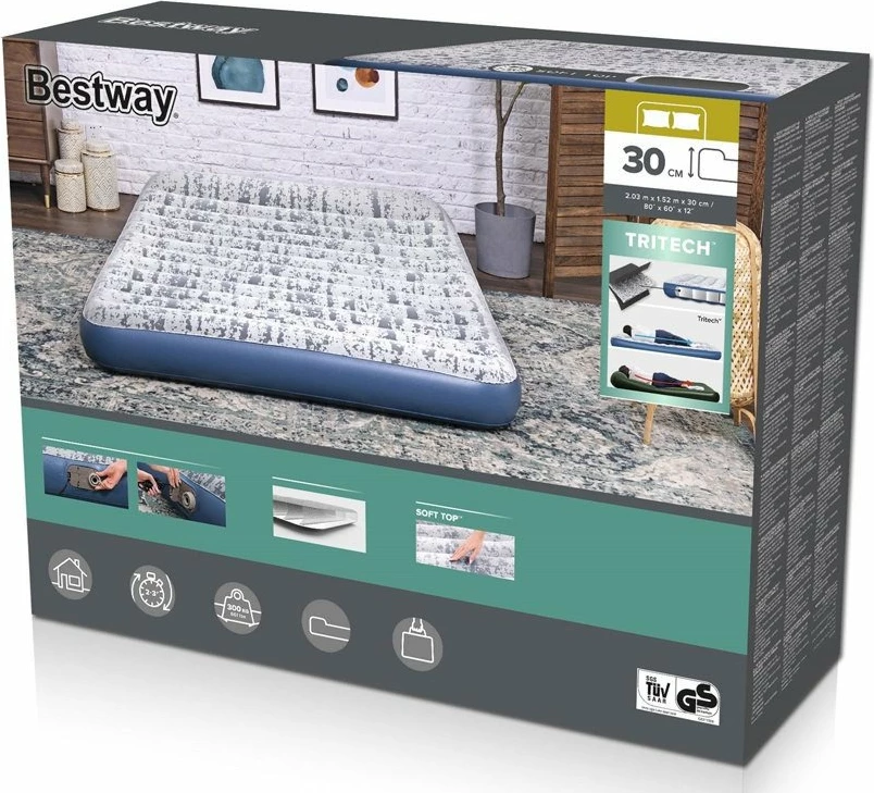Dyshek ajri Bestway Queen Velvet BE67836 203 x 152 x 30 cm me pompë elektrike të integrume, bardhë, me çantë ruajtjeje