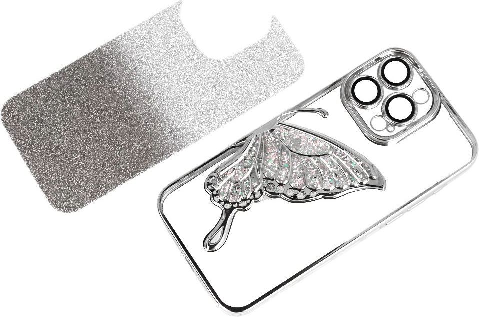 Mbështjellës ONASI Dream për iPhone 16 Pro, TPU fleksibël, 3D flutur me glitter, mbrojtje kamerash, gri