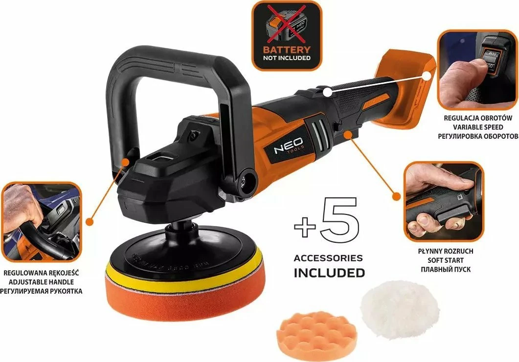 Polerka akumulatorike NEO Energy+ 18V 04-602, 150 mm, brushless, portokalli/zi, set me 3 jastëkë (pa bateri/karikues)