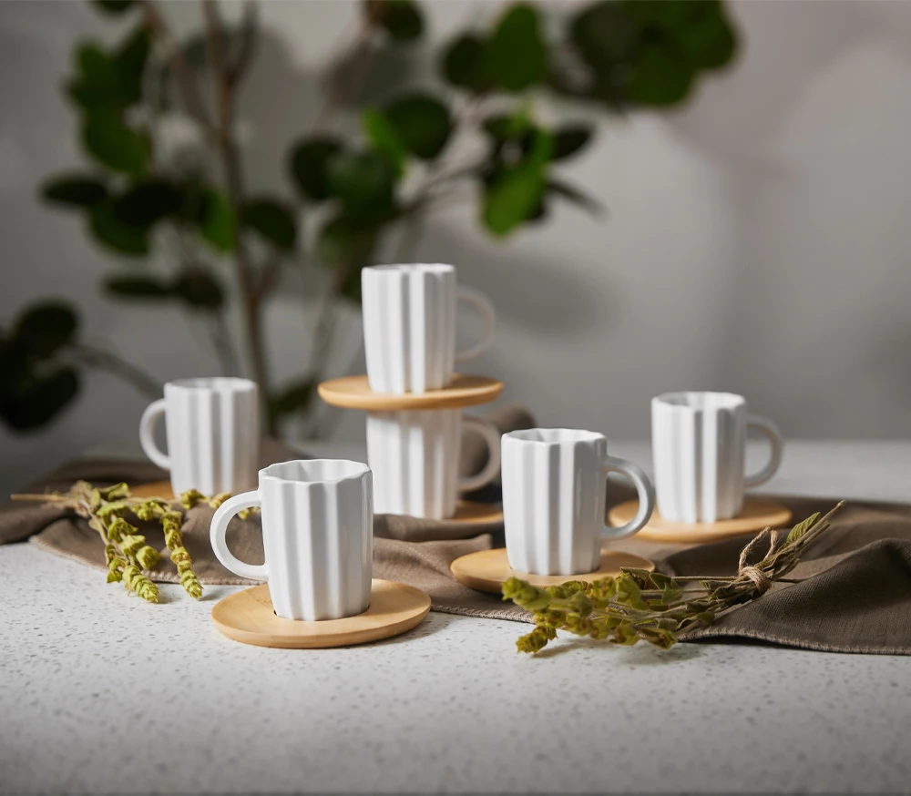 Set filxhanësh espresso Cactus, 6 copë, porcelan i bardhë, bambu natyral, 27x22x6cm