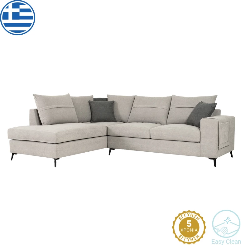 Kënd divani Montana, ngjyrë gri e lehtë, jastëkë gri miu, 275x215x93cm