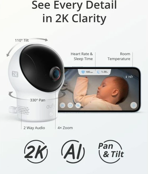 çorape smart monitorimi për bebe + kamerë 2K, Anker Eufy Security Baby S340 (E8340333), monitorim gjumi/ritëm zemre/oksigjen gjaku, njoftime, 0-18 muaj, bardh/mentë