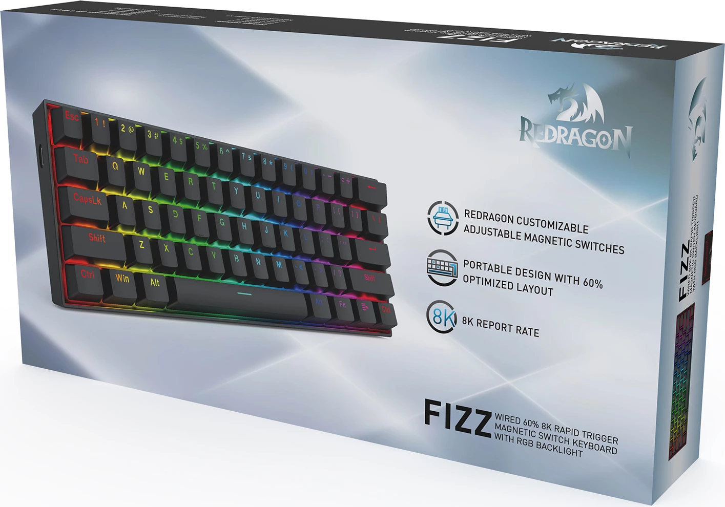 Tastierë me kabllo gaming Redragon Fizz K617RGB-M, 60% 61 taste, Hall Effect magnetike, 8000Hz, RGB, e zezë