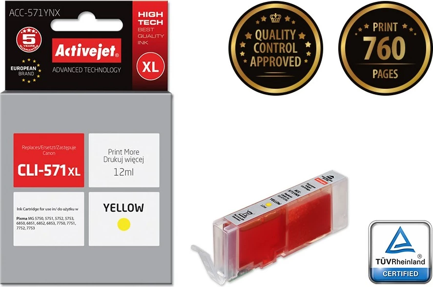 Ngjyrë zëvendësuese Activejet ACC-571YNX për printer Canon, 12ml, e verdhë