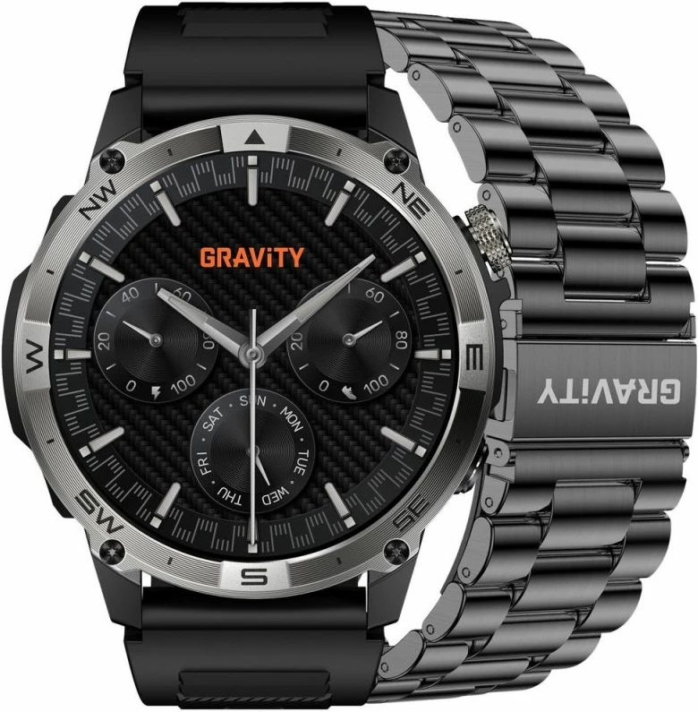 Smartwatch Gravity GT46-1, i zi, set me rrip silikoni dhe byzylyk çeliku