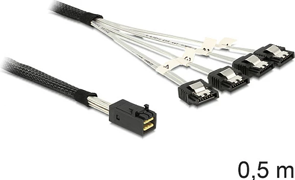 Kabllo DeLOCK Mini SAS HD SFF-8643 në 4x SATA, 0.5 m, e zezë
