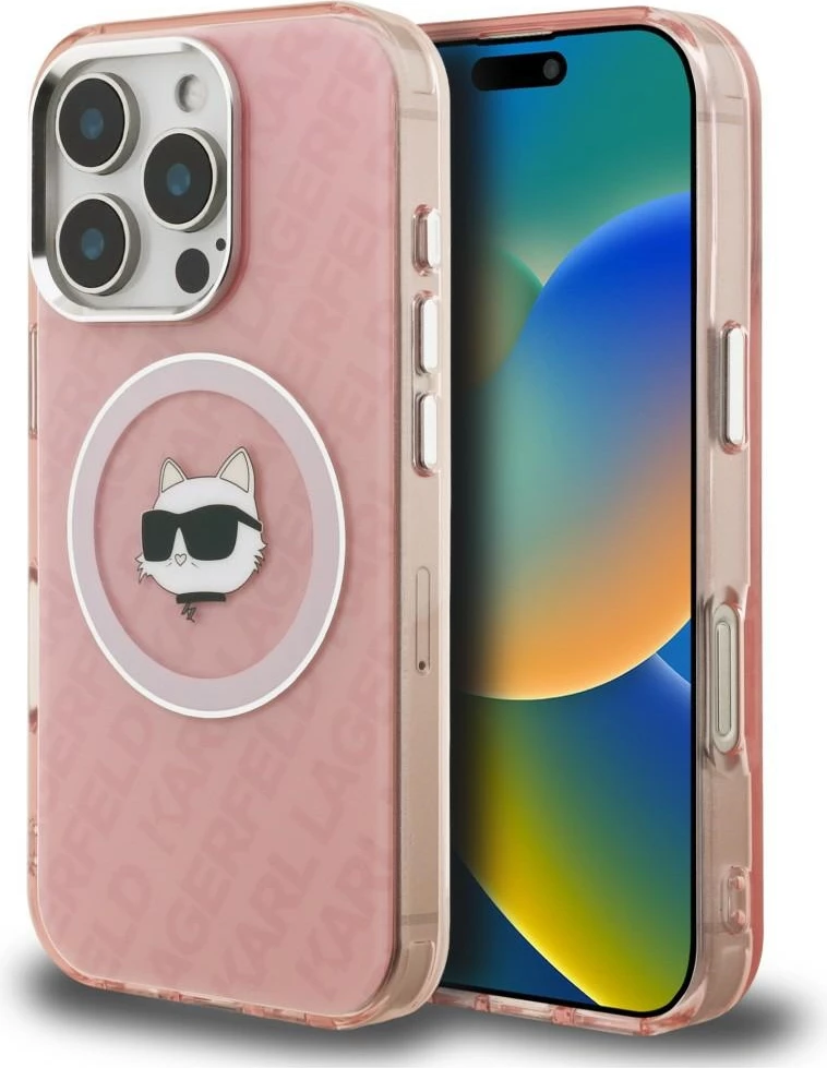 Mbështjellës Karl Lagerfeld IML Choupette Head Logo MagSafe për iPhone 16 Pro Max, rozë, me kuti