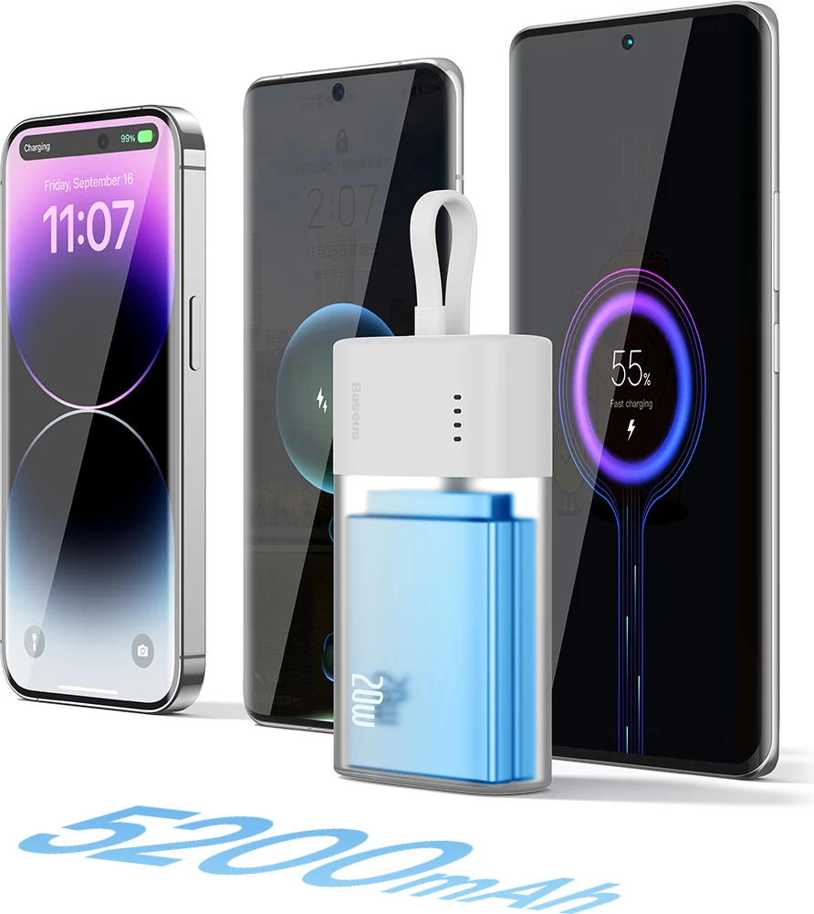 Powerbank Baseus Popsicle 5200mAh, 20W, me kabllo Lightning të integruar + kabllo USB-C në USB-C 60W, Bardhë-Gjelbër