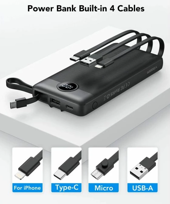 Power bank portativ VEGER C10 10000 mAh me kabllo të integrume, i zi