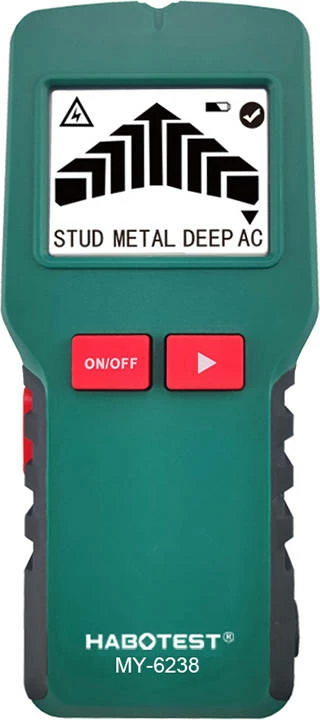 Detektor shumëfunksional Habotest MY6238 4‑në‑1, zbulim metal/druri/AC/zbrazëti, ekran LCD 43×33 mm, me bateri 9V dhe etui