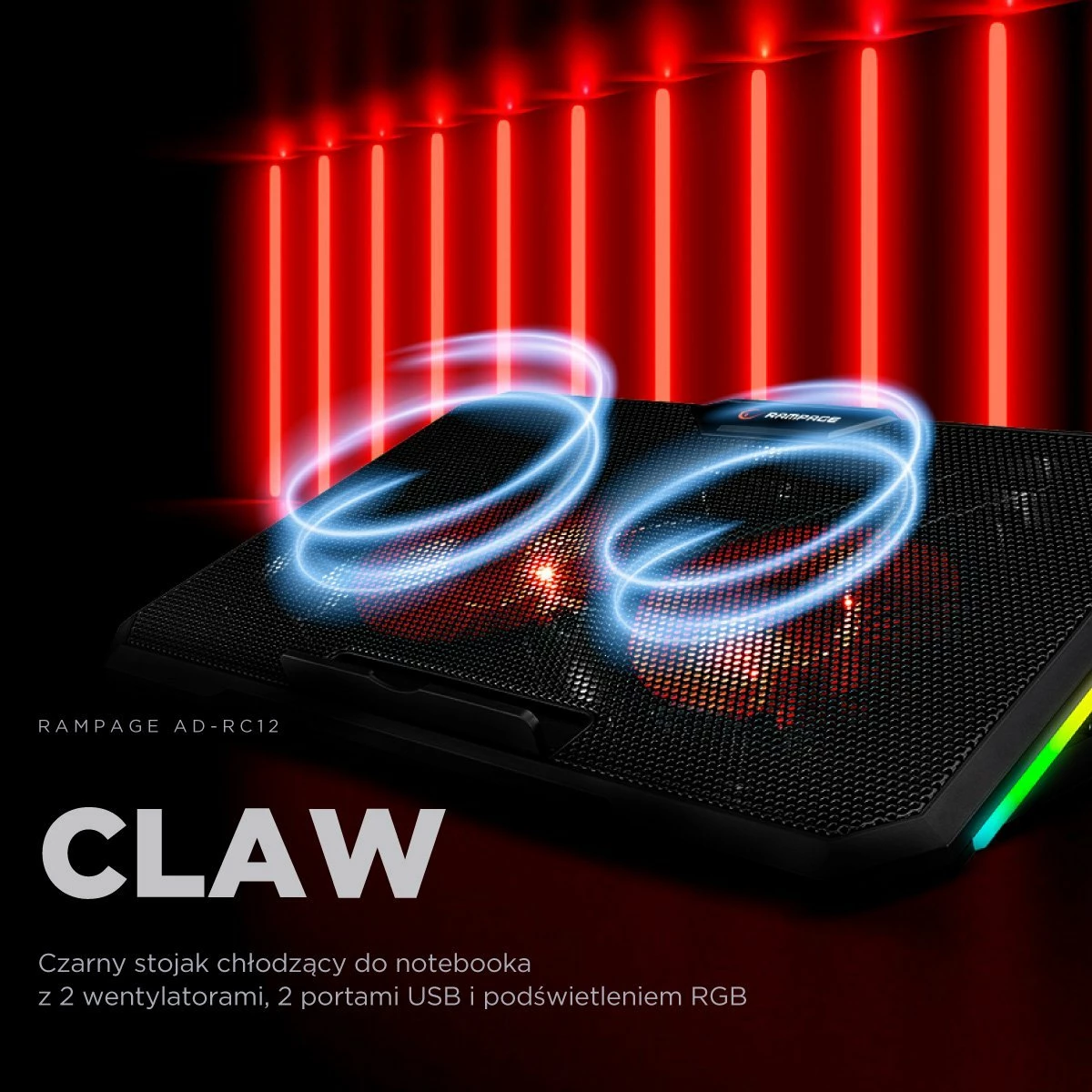 Mbajtës ftohës për laptop Rampage AD-RC12 GameZone, 2x120mm, RGB, 2x USB 2.0, 15-17\", i zi, me kabllo USB
