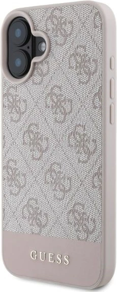 Mbështjellës Guess 4G Bottom Stripe për iPhone 16 6.1", hardcase TPU/PC/eko-lëkurë, rozë