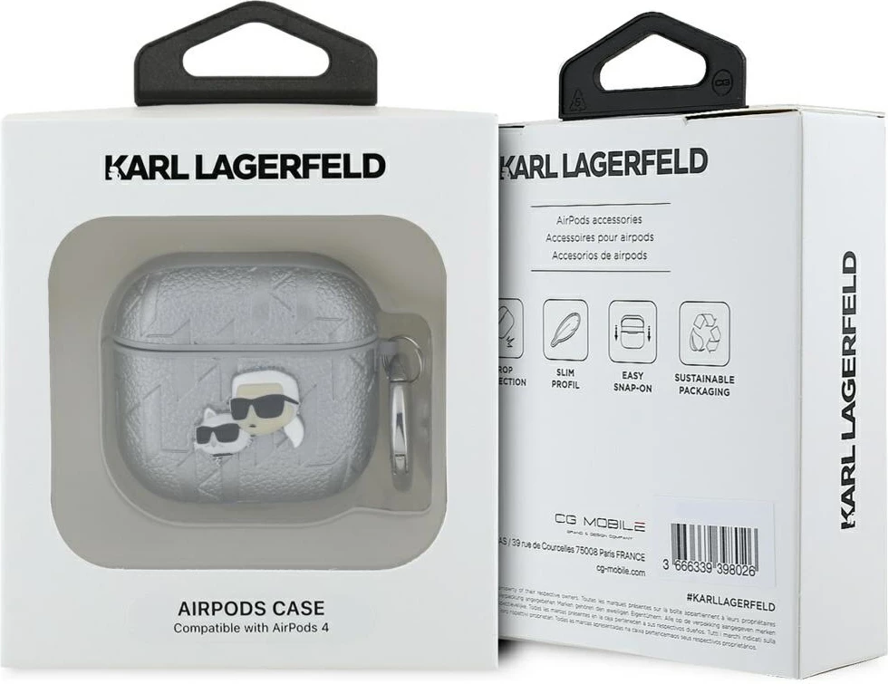 Mbështjellës Karl Lagerfeld Monogram Karl & Choupette Head për AirPods 4, argjendtë