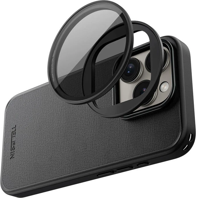 Mbështjellës me kornizë magnetike filtri, Telesin P10-PCO-02, për iPhone 15 Pro Max, material ABS + lëkurë, përkrah karikim dhe mbajtëse magnetike, i zi
