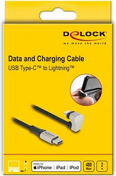 Kabllo DeLOCK USB-C në Lightning, 2 m, 180° këndore, MFi, e zezë