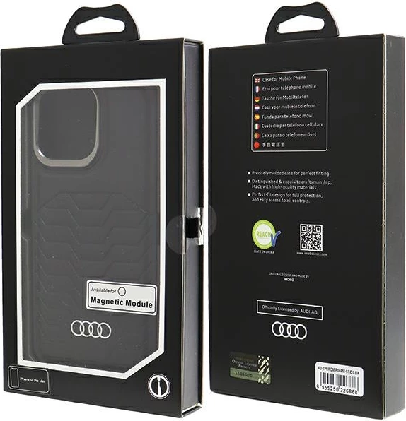 Mbështjellës Audi për iPhone 14 Pro Max, lëkurë sintetike, MagSafe, zi