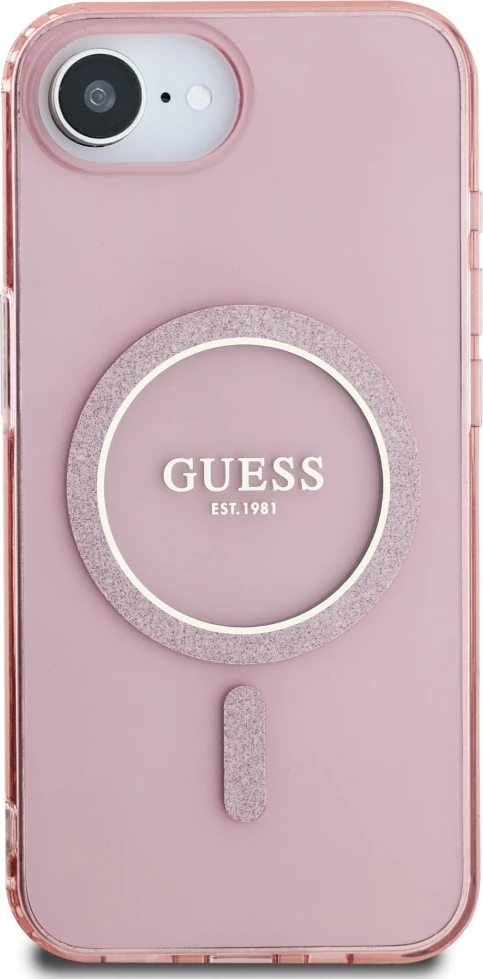 Mbështjellës Guess IML Glitter Circle MagSafe për iPhone 16e, rozë