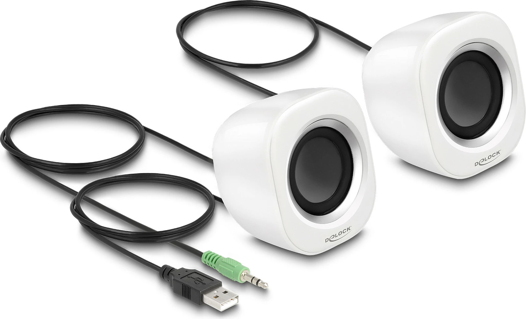 Altoparlantë DeLOCK Mini Stereo për PC, 2.0, 2 W, USB + 3.5 mm, argjendtë/bardhë
