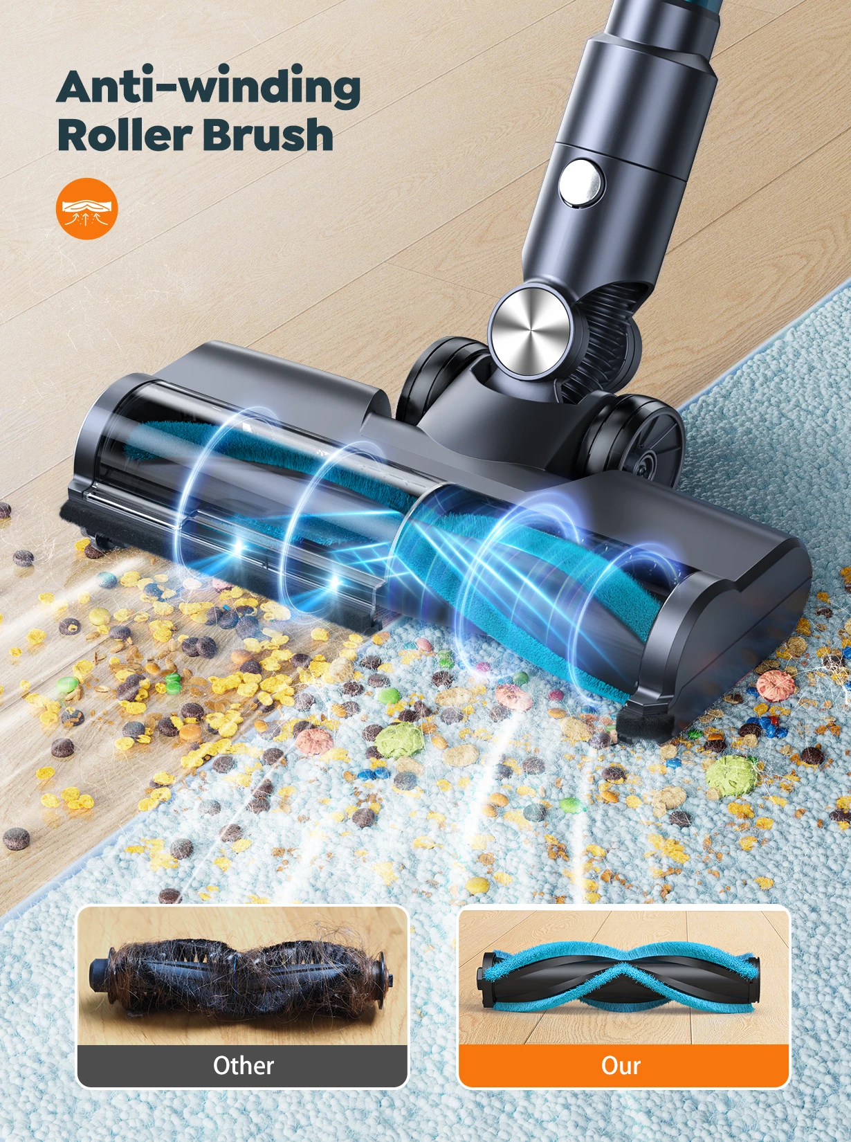 Fshesë me korent pa kabllo Honiture/Buture VC60 450W, 38000Pa, OLED, 1.5L, HEPA, deri 55min, set me aksesorë, blu/turkeze