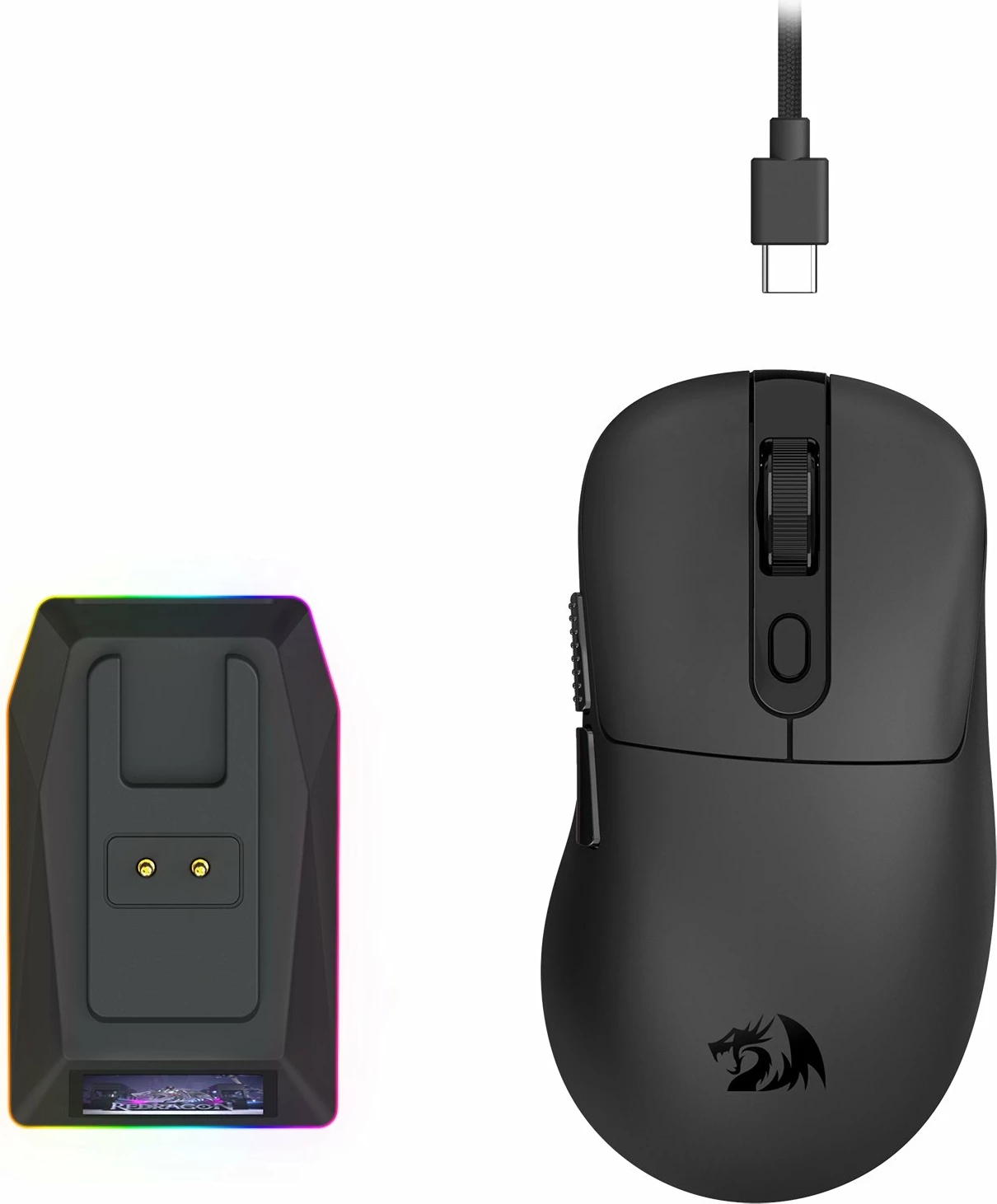 Maus Redragon Ebony Ultra M998-ULT 8K, 30000 DPI, tri-mode (USB/2.4GHz/Bluetooth), 6 butona, 61 g, me stacion karikimi magnetik RGB me LCD, i zi, set 2 copë