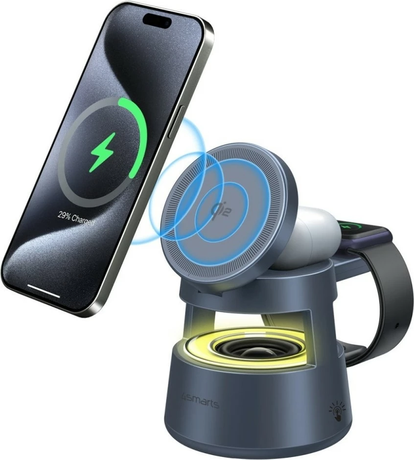 Stacion karikimi me valë 4smarts Aura Sound Qi2 30W, 3-në-1 për telefon, orë Apple/Samsung dhe kufje, altoparlant i integruar, dritë LED me 3 nivele, gri