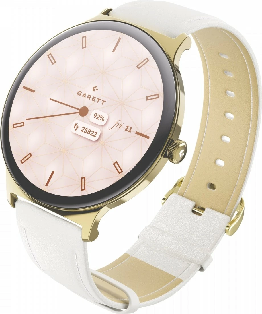Smartwatch Garett Verona 2, 1.43\" AMOLED 466x466, IP68, Bluetooth thirrje, 200 mAh, Gold, set me rrip mesh + rrip lëkure eko i bardhë