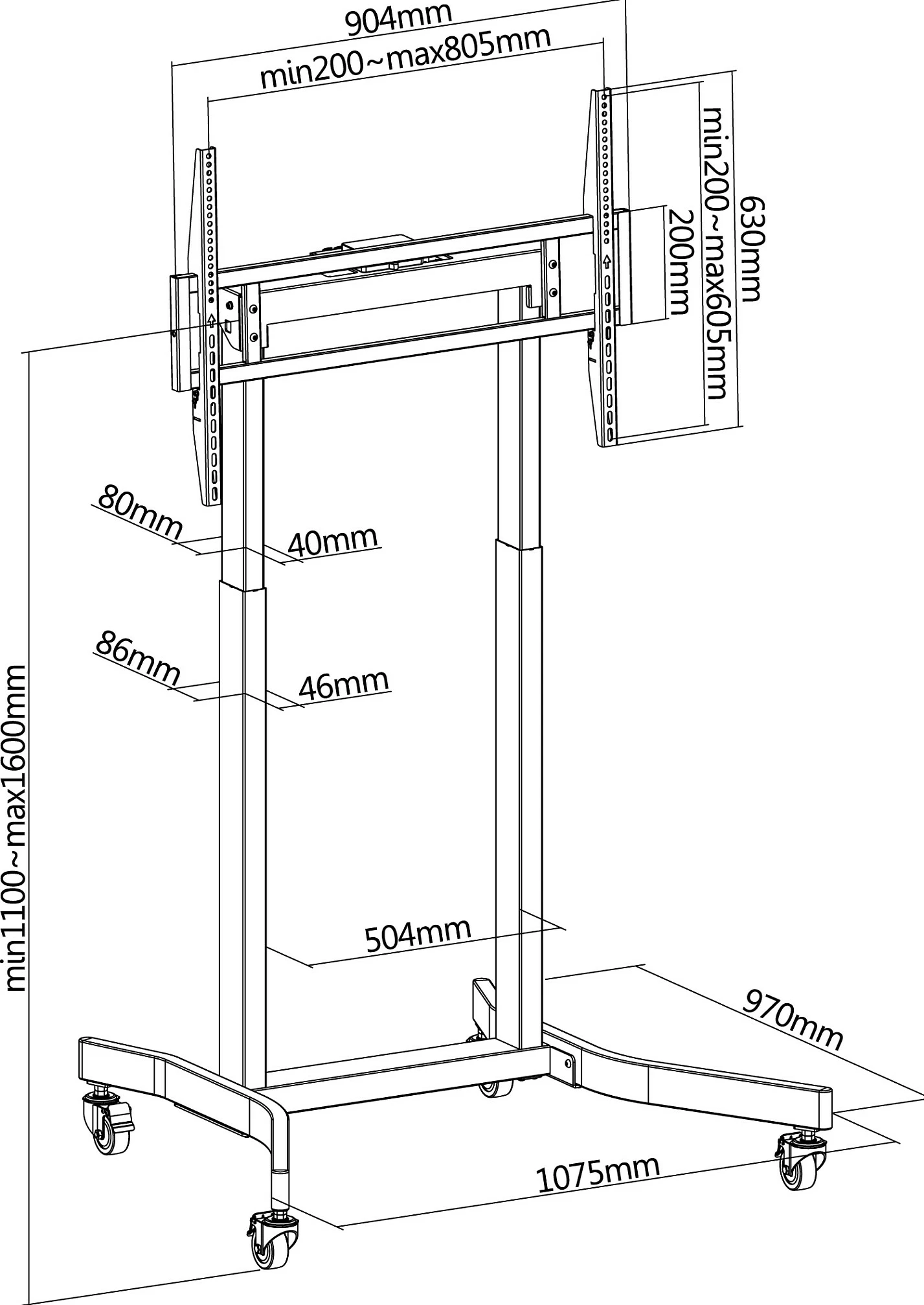 Mbajtëse dyshemeje për TV/Monitor EQUIP 650632, 55"-100", VESA 800x600, me rrota, 120 kg, e zezë