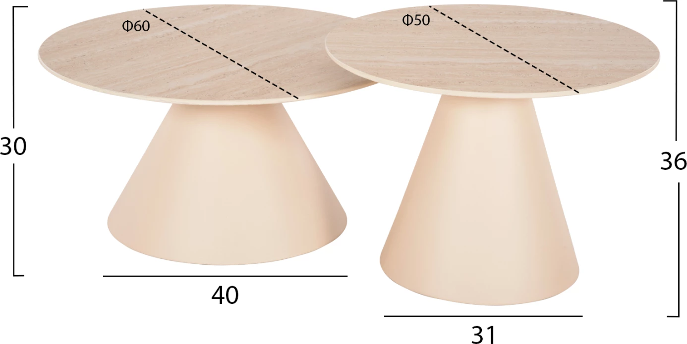 Tavolina anësore 2 copë NANZA FH9927 metalike me sipërfaqe qeramike krem-bezhë Φ50&Φ60 cm