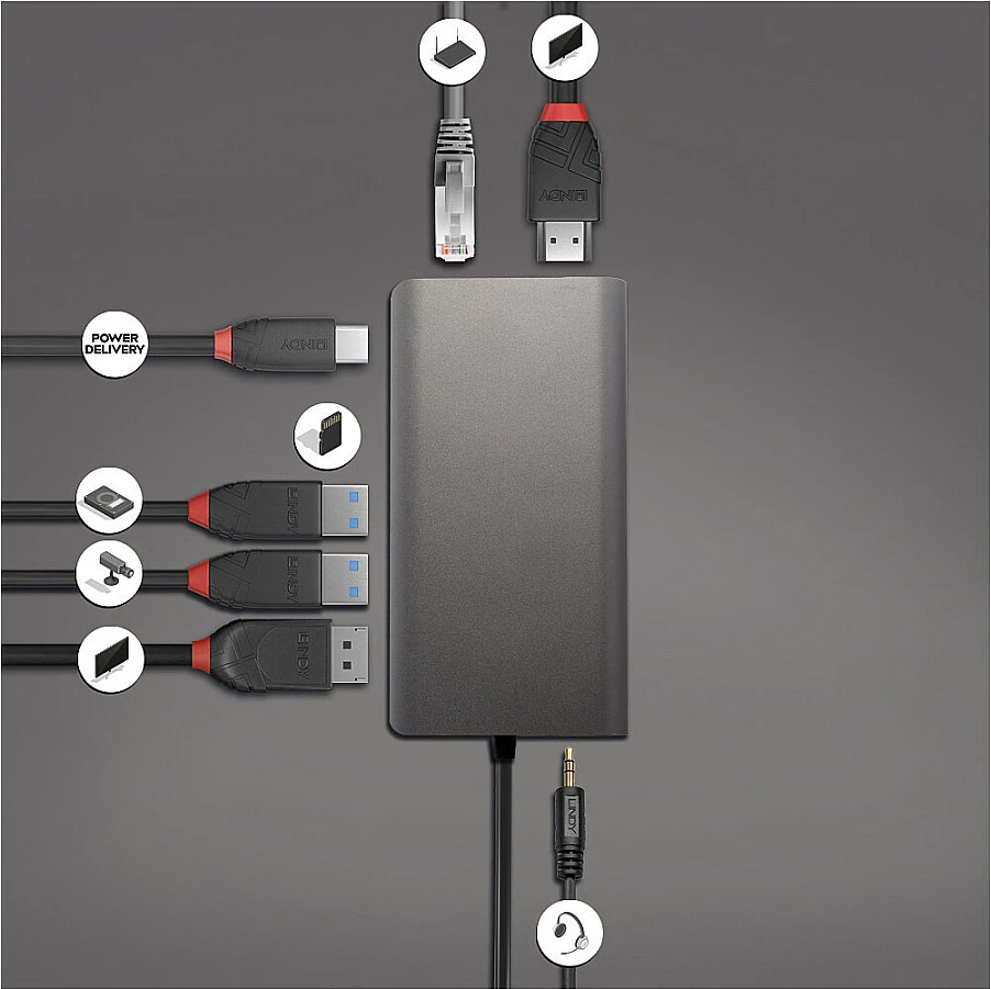 Mini docking stacion USB-C Lindy DST-Mini XT, 4K, 100W PD, Gigabit LAN, SD, HDMI/DP, zi/gri