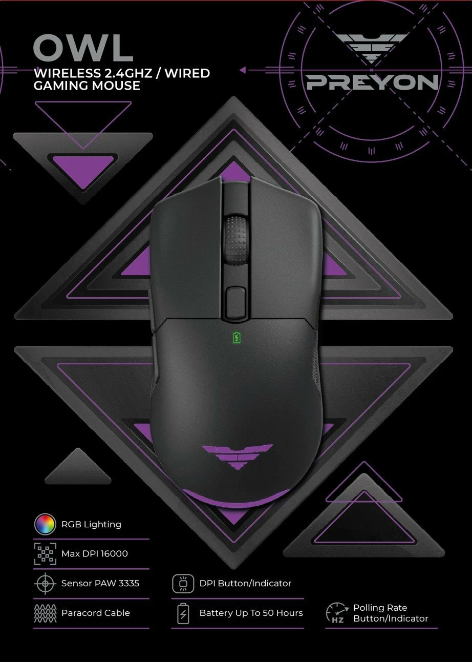 Maus gaming PREYON Owl Wireless POW35B, 16000 DPI, 2.4GHz/USB, RGB, i zi