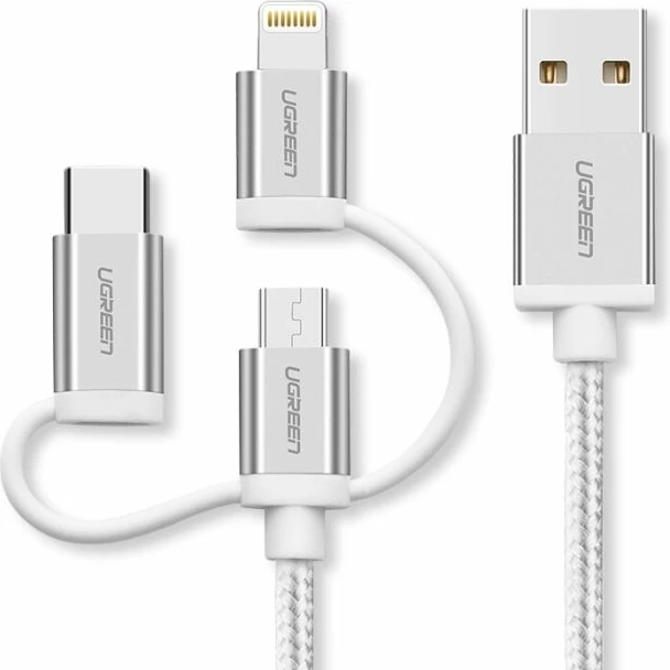 Kabllo të dhënash/karikimi 3-në-1 UGREEN 50203, USB 2.0 në Micro USB + Lightning + USB-C, 1.5 m, e bardhë