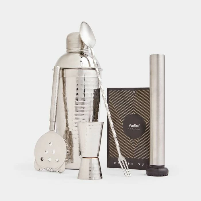 Set për koktej VONSHEF 1000359, 4-pjesësh, çelik inox me teksturë të rrahur, jigger 25/50 ml, argjendtë