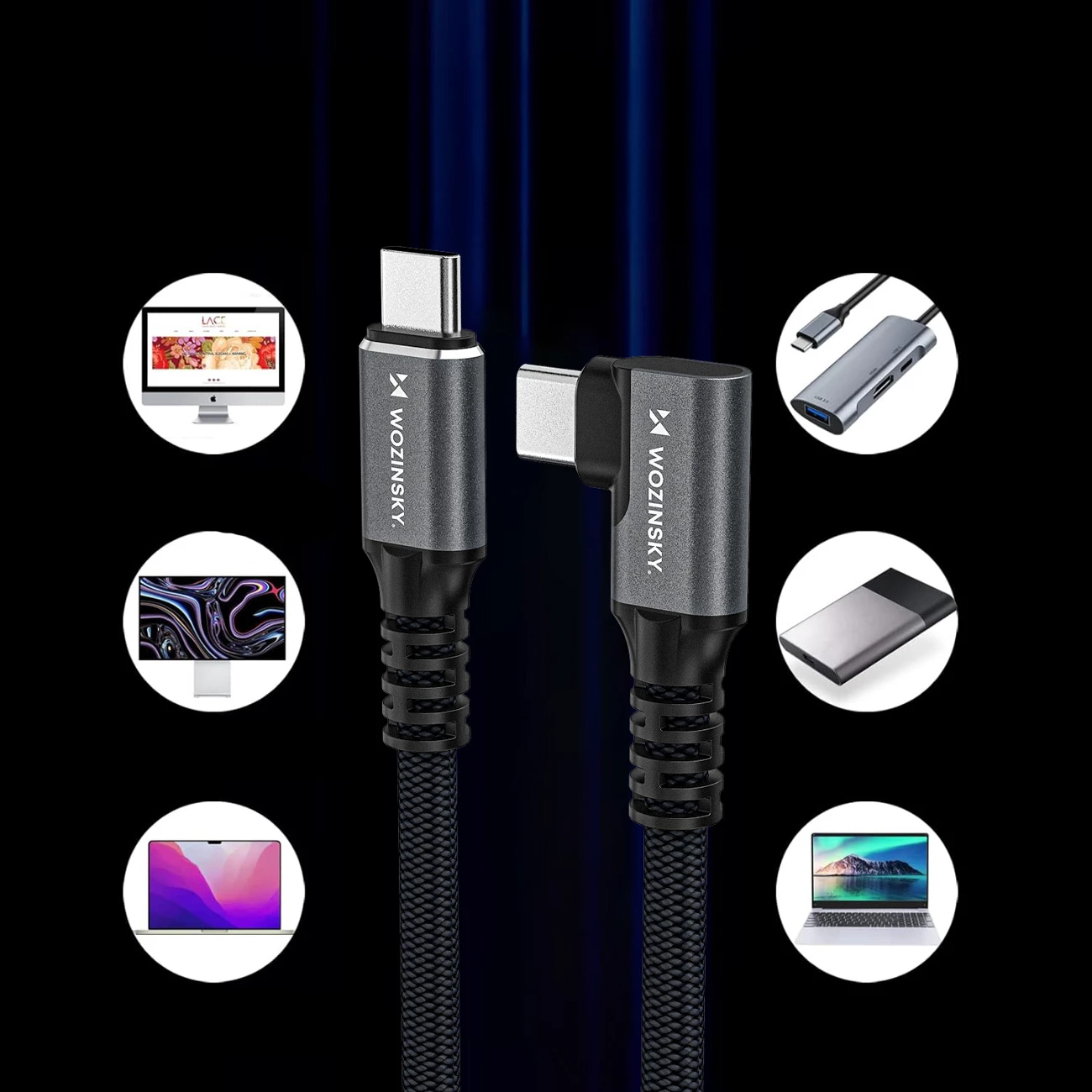 Kabllo USB-C Wozinsky WPS3-UY41S USB4 40Gb/s 240W 1m me konektor këndor, e zezë, me qese string