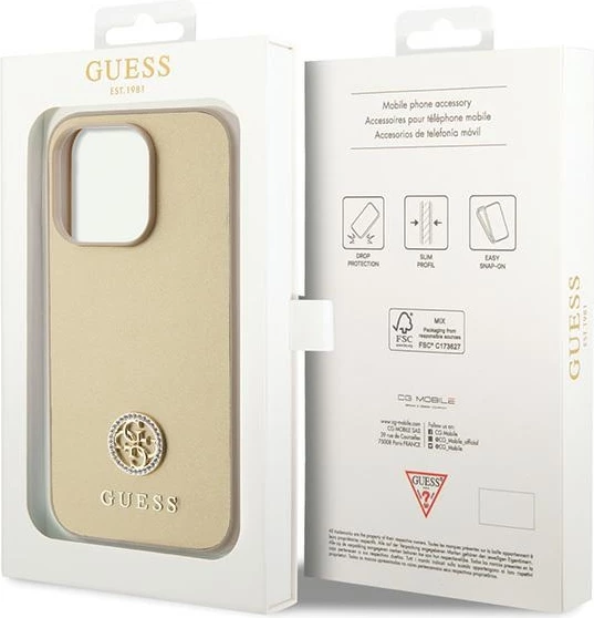 Mbështjellës Guess GUHCP15XPS4DGPD për iPhone 15 Pro Max 6.7", hardcase, Strass Metal Logo, ari