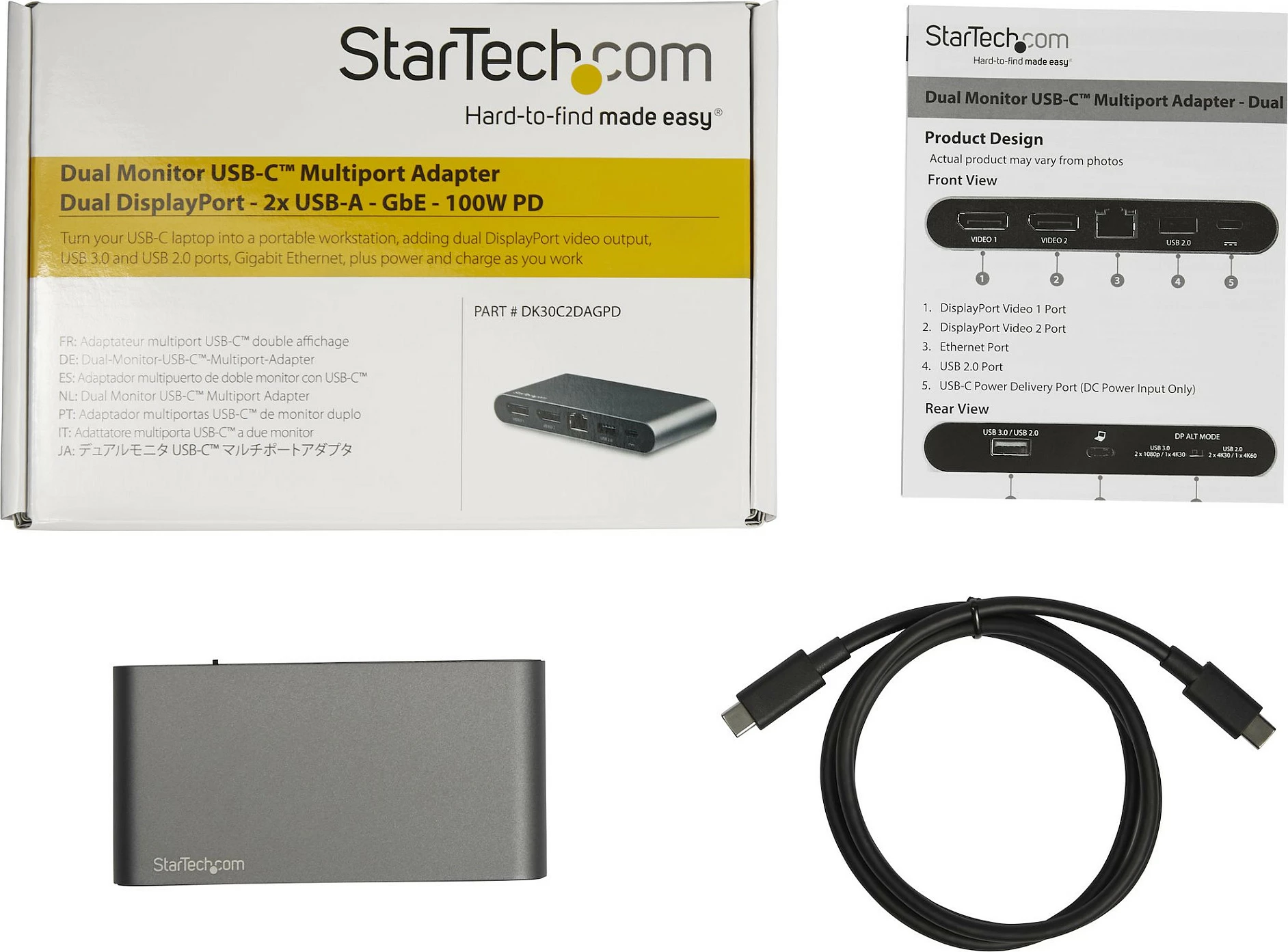 Dock USB-C StarTech, Dual DisplayPort 4K, 100W Power Delivery, GbE, 2x USB-A, gri