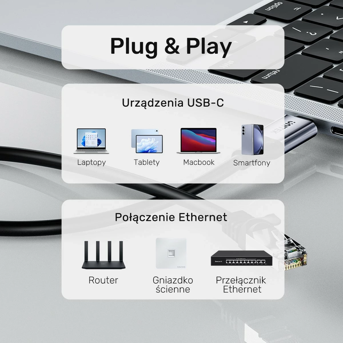 Kabllo Ethernet Unitek USB-C RJ-45 LAN, 3m, ngjyrë zezë-argjendtë