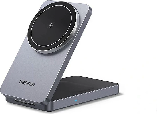 Karikues wireless magnetik Ugreen W528 2-në-1, Qi, i palosshëm, gri