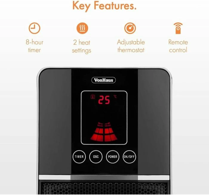 Ngrohës elektrik qeramik PTC me oscilim VonHaus 2514041, 2000 W, 2 nivele 1000/2000 W, ekran LED, telekomandë, timer, termostat, 70° oscillation, i zi
