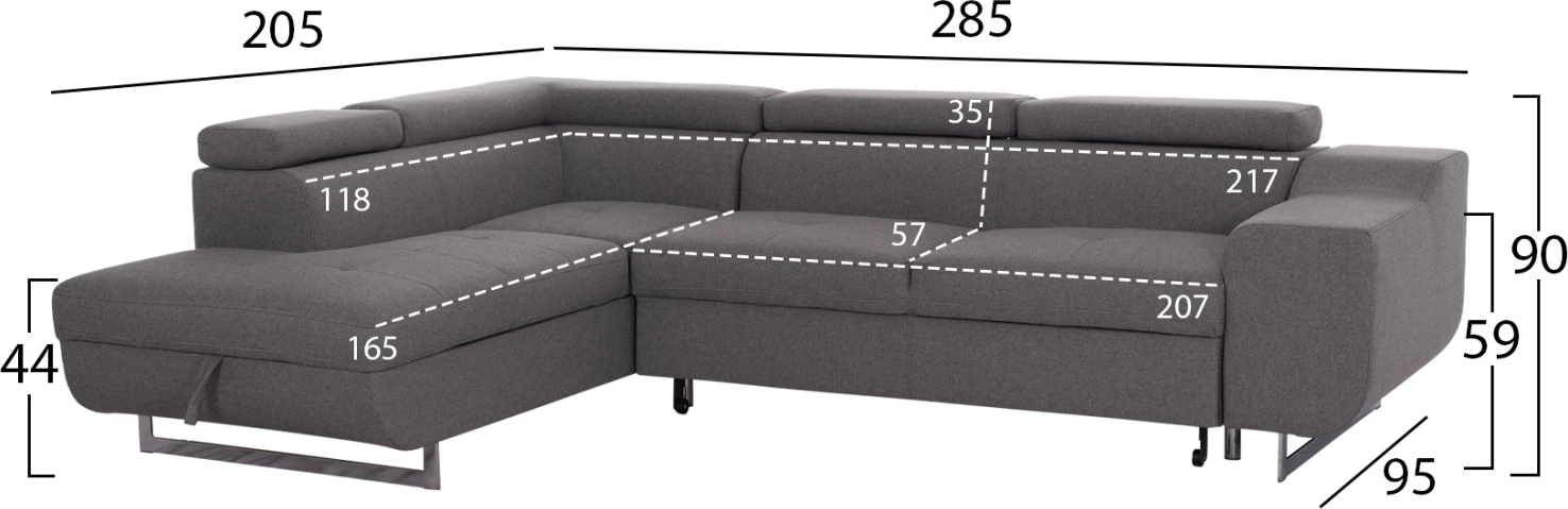 Kënd-sofë me hapësirë për depo, Encore FH3301.01L, material gri, 285x205x90cm