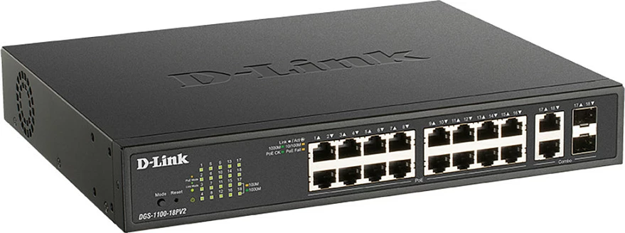 Switch D-Link DGS-1100-18PV2, 16x Gigabit PoE + 2x SFP, Smart Managed L2, Rack 1U, i zi