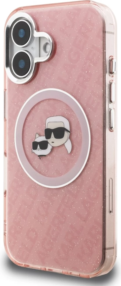Mbështjellës Karl Lagerfeld IML Glitter Karl & Choupette Heads Logo, MagSafe, hardcase TPU/PC, për iPhone 16, rozë, me kuti