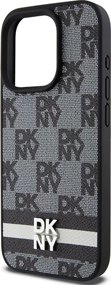 Mbështjellës DKNY Leather Checkered Mono Pattern & Printed Stripes për iPhone 15 Pro, i zi