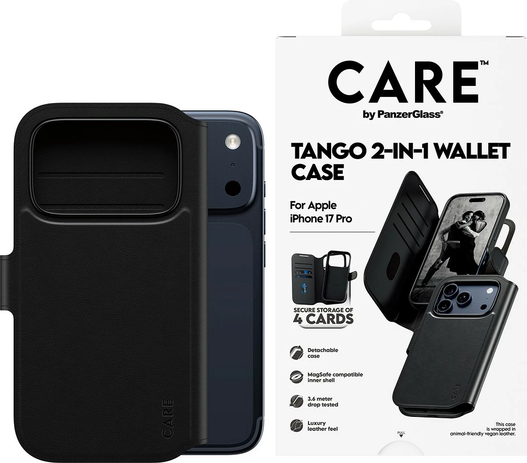 Mbështjellës PanzerGlass CARE Feature Case Tango 2in1 Wallet MagSafe për iPhone 17 Pro, i zi