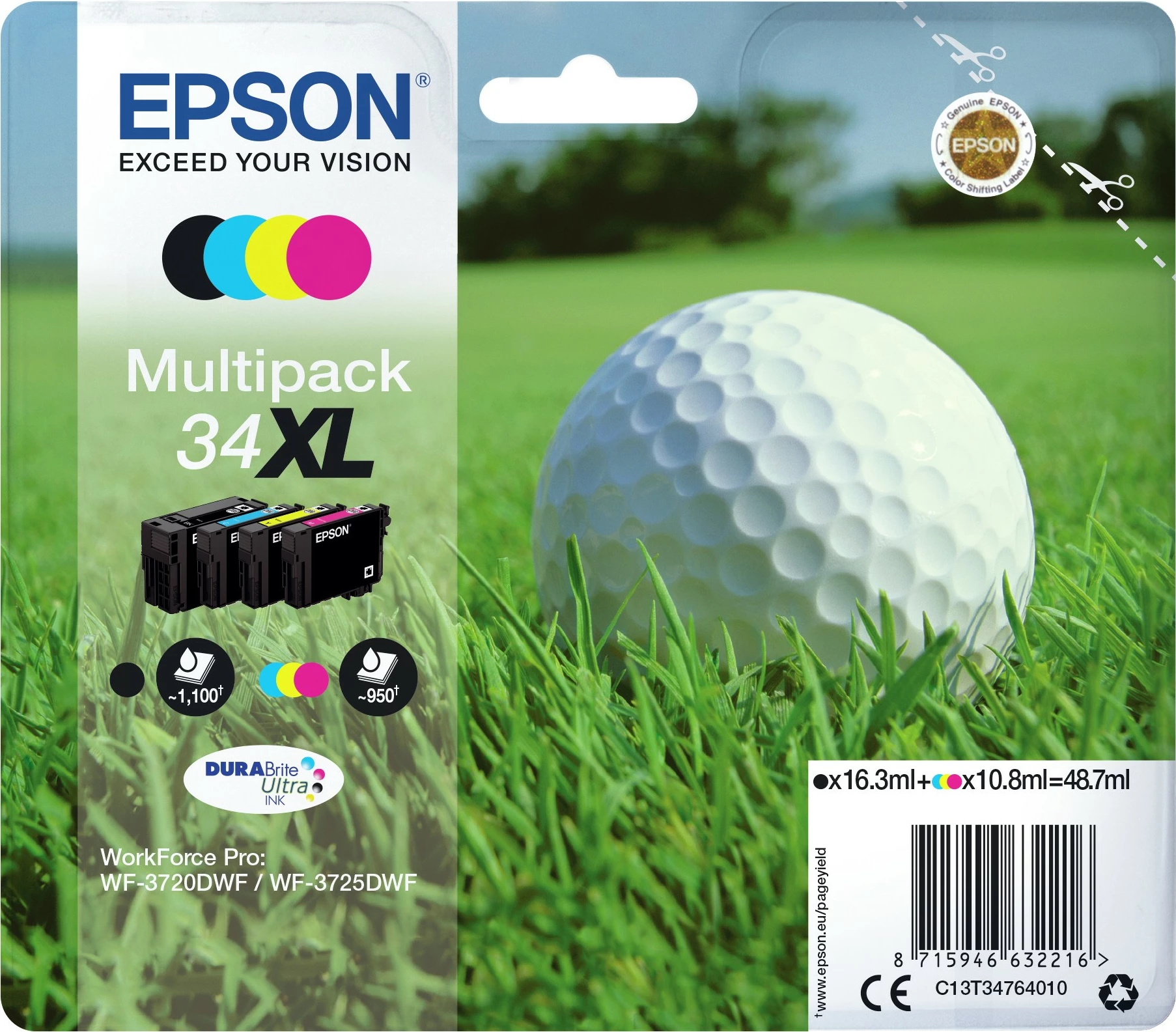 Toner Epson 34XL DURABrite Ultra, multipak, për WorkForce Pro WF-3720DWF/WF-3725DWF, XL, e zezë/cian/magenta/verdhe