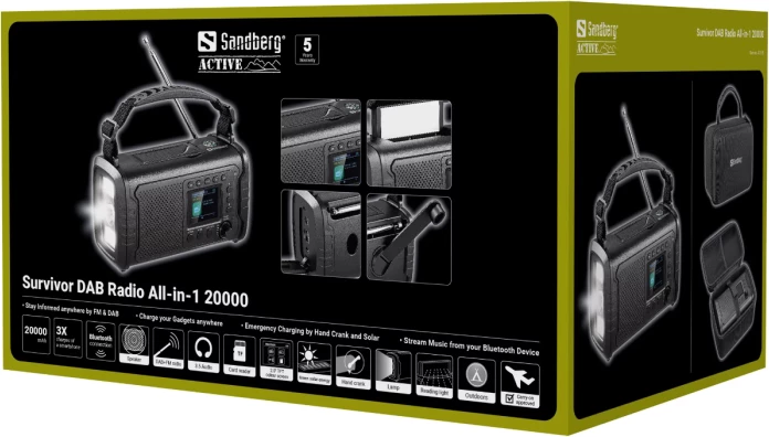 Radio survival SANDBERG Survivor DAB Radio All-in-1 20000, 20000mAh, DAB+/FM, Bluetooth, USB-C/USB-A, solar + dinamo, IP53, e zezë